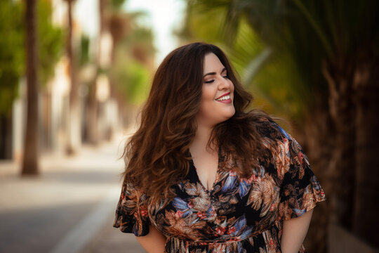 A young slightly overweight smiling woman standing in a palm street and wearing a summer dress. Brunette plus size female. Positive girl. Generative AI 