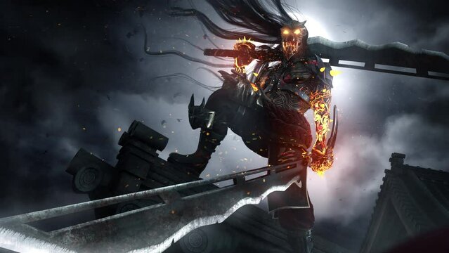 The Japanese demon tengu in a sinister fire mask stands on the roof of the temple against the background of a huge moon in dark clouds, with two huge swords. approaching 2d animated art