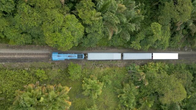 A historic train riding threw the jungle of Costa Rica, surrounded by rain forest, painted in Costa Rican flag colors (Aerial view, drone, 4K)