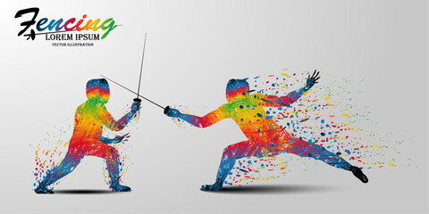 Visual drawing of 2 man fencing athletes fight suit practicing with sword on professional sports arena, motion fast of speed practice by tournament, action color design for vector illustration set 2