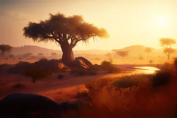 Gardinen Burkina Faso landscape with rock and hills at sunset. Generative AI Art. Beautiful view. © Sci-Fi Agent