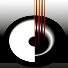 On a black and white gradient background, a tilted round figure.