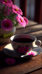 Fototapeta na wymiar Cup of tea sitting on top of wooden table with flowers Ai generated image