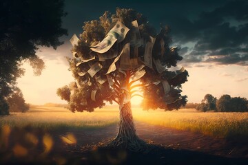 Money growing on tree concept. Money tree or cash tree with dollars at sunset. Business or savings concept of a money tree with growing dollar and falling down on the ground. Generative ai .
