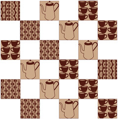 Brown and beige pattern of cups, teapots and coffee beans. Vector illustration isolated on white background.