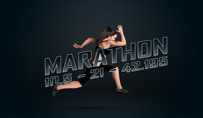 Visual drawing of 3D realistic banner ads women runner and jump into marathon sport game, concept lifestyle and health care with weight loss by exercise on black background for vector illustration
