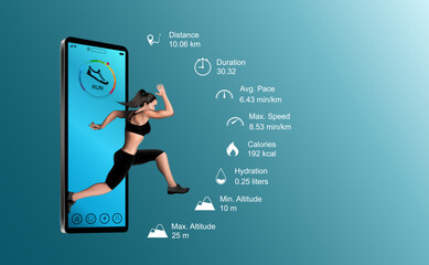 Female athletes run, jump out of their mobile phones. Concept The best health or fitness advertising banner application sports running on smartphone daily workouts for 3d realistic vector illustration