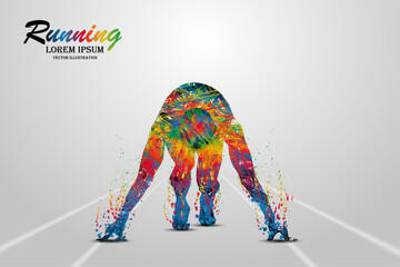 Visual drawing front view line colorful of man starts running in-game to enter finish the victory line first, concept lifestyle and health care with weight loss by exercise for vector illustration