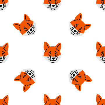 Seamless pattern with Fox head illustration in minimalist cutting style on white background