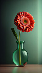 Gerbera in vase on wooden table with solid color wall background Ai generated image