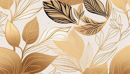 seamless pattern with leaves, hand-drawn simple gold flowery seamless pattern, Generative AI