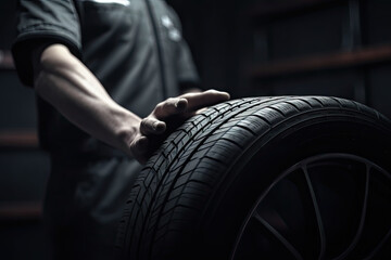 Car tire shop and service - mechanic holding new tire on garage background created with Generative AI technology