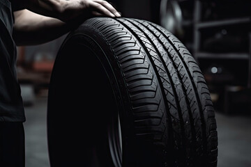 Car tire shop and service - mechanic holding new tire on garage background created with Generative AI technology
