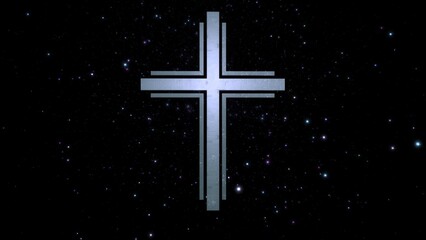 Futuristic Christian cross in ethereal sparkling silver black cyberspace. Concept 3d illustration crucifix. Religious sign for grief and funeral in a modern interpretation of spirituality and faith