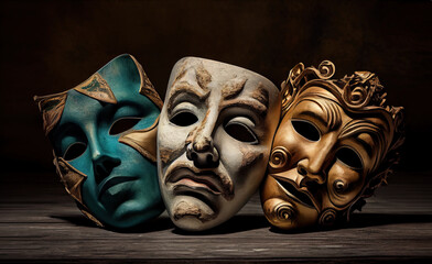 Fototapeta three theatrical masks on a wooden stage. Generative AI obraz