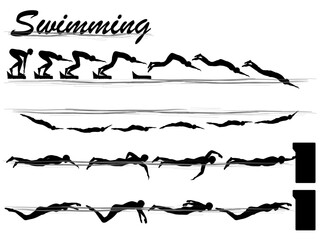 Visual drawing silhouette sport swimming step from start to finish of side view, healthy lifestyle and sport concepts,abstract swimming game colorful vector illustration