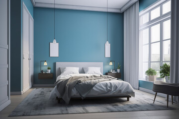 Fototapeta na wymiar Modern bedroom, clean minimalistic interior design, light blue and white colors. Super photo realistic background, generative ai illustration.
