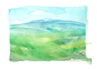 Obraz premium Watercolor hill, hillock, mountain, grass. Summer landscape background. Abstract splash of paint. Beautiful art banner, logo. Watercolor hill, summer landscape at sunset, dawn.