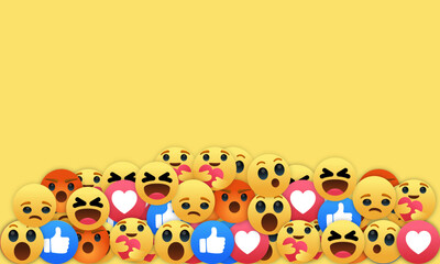 Huge pile of yellow balls emoticons icon of Social media comments reaction on yellow background illustration, emoji icons face of smile, lol, angry, sad, donkey, like and love button vector set.