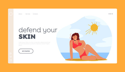 Defend your Skin Landing Page Template. Woman In Pain With Sunburn On Beach, Female Character with Red Irritated Skin Generative AI