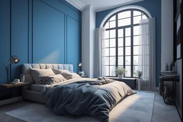  Modern bedroom, clean minimalistic interior design, light blue and white colors. Super photo realistic background, generative ai illustration.