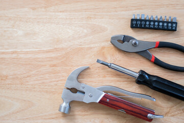 Background of carpenter tools over a table with copy space