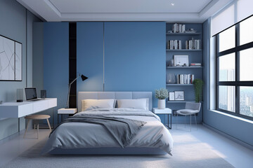 Fototapeta na wymiar Modern bedroom, clean minimalistic interior design, light blue and white colors. Super photo realistic background, generative ai illustration.
