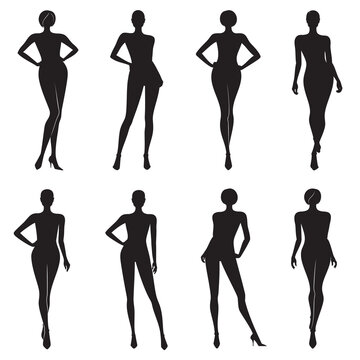 Vector set of female body silhouettes in various poses in black color, isolated, on white background.