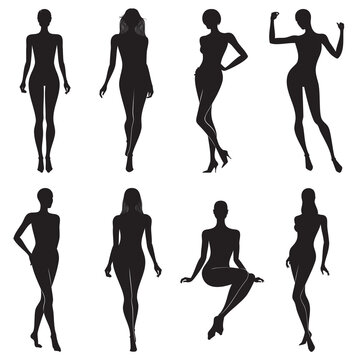 Vector fashion illustration of set of female body silhouettes in black color, isolated, on white background.