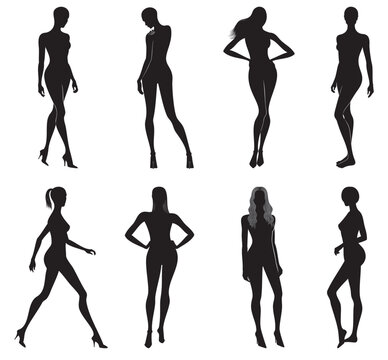 Vector set of women body silhouettes in various poses in black color, isolated, on white background.