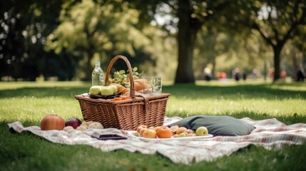 A Nature Scene with a Picnic Set Up on a Sheet in a Park AI Illustration