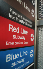Chicago subway directional signs showing the Red, Blue and Brown lines