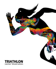 Visual double exposure logo swimming, cycling, and runner sport at fast speed in triathlon game. Line colorful beautiful design style on black background for vector illustration, exercise concept