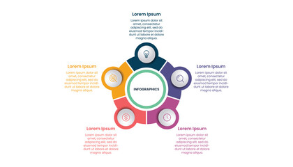 Business circle infographic template design with icons and five steps or options.