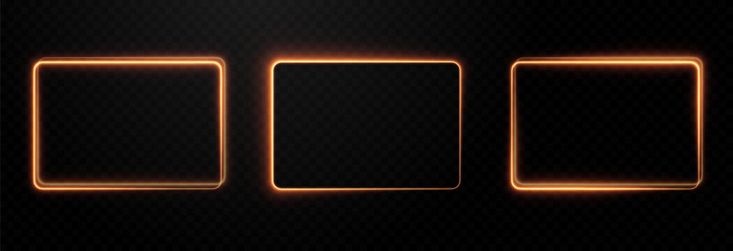 Set of vector glowing rectangular png frames. Magic glow frame. Neon frame, neon light png. Light effect png.