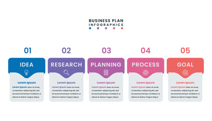 Business plan infographics. Timeline with icons, numbers and 5 steps or option.