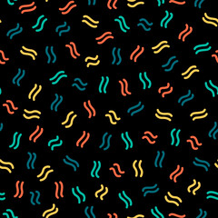 Black seamless pattern with colorful tiny wavy lines.