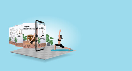 The best health and fitness application sport yoga in smartphone, concept get inspired through exercise daily workouts at home with situation of the spread of covid disease for vector illustration