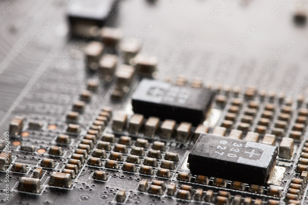 Poster microchip computer graphic card on white background top view