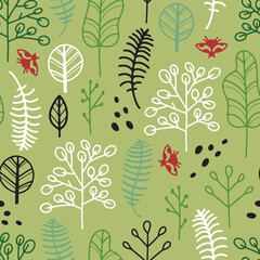 Hand drawn vector seamless pattern with doodle line bushes, trees and leaves, childish style forest