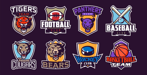 Set of mascots and sports logos. Mascots and sports logos for clubs and teams. Tiger, panther, bear, cougar, football, baseball, basketball, hockey. Vector illustration isolated on background