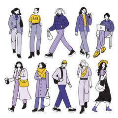 Set with hand drawn contour line doodle people in casual clothes, walking, working. Modern city citizens. Isolated vector illustration