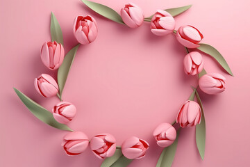 Happy Mothers Day or International Womens Day. Design template with pink tulips. Frame template with tulips composition. Copy space. Generative ai