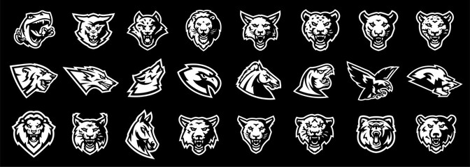 Monochrome set of sport logos animal mascots. Black white collection of mascots for sports clubs and teams. Bear, fox, wolf, tiger, lion, panther, puma, cougar, leopard, lynx, horse, hawk, dinosaur