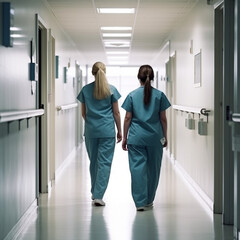 personnel hospitalier de dos dans un couloir d'hopital - IA Generative - obrazy, fototapety, plakaty
