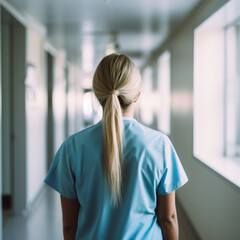 une femme personnel hospitalier de dos dans un couloir d'hopital - IA Generative