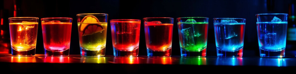 8 farbige neon Cocktails / Drinks in Neonfarben und Neonlicht. Generative Ai.
