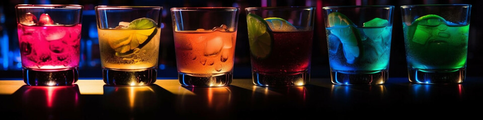 6 farbige neon Cocktails / Drinks in Neonfarben und Neonlicht. Generative Ai.