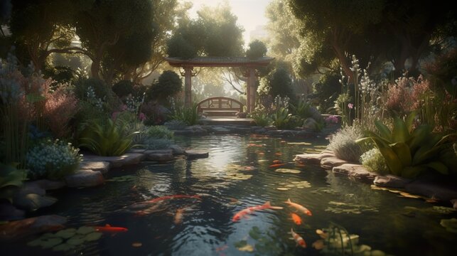 A serene and tranquil garden with a koi pond (ai generate)