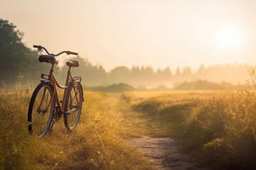 Naklejka na ściany i meble Beautiful Landscape with Bicycle during sunrise. Generative Ai